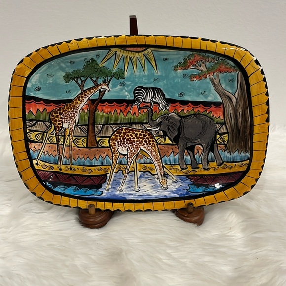 Vintage Penzo Zimbabwe Serving Tray African Art Hand Painted Signed Dishes Anima - Picture 1 of 7